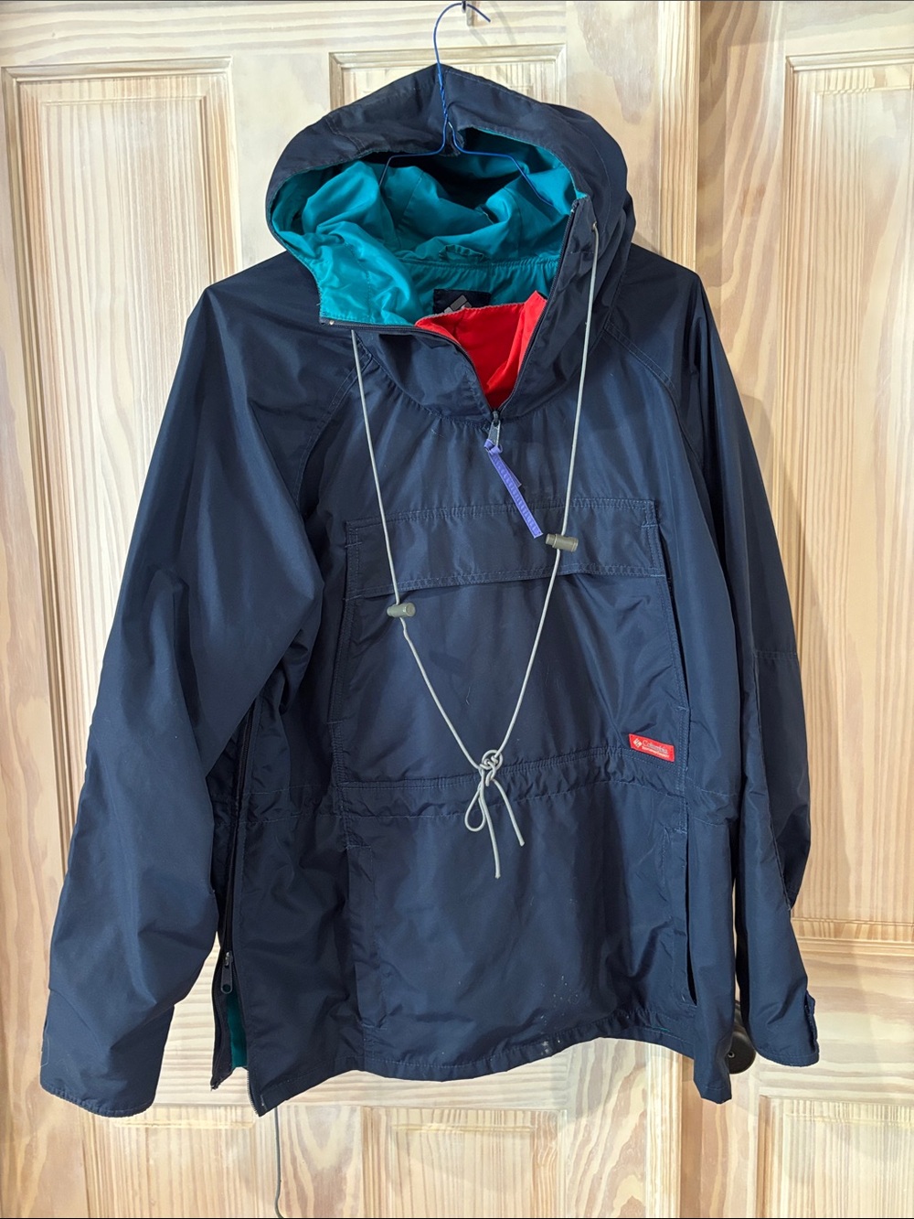 Men's Navy Hooded Pullover Raincoat with Teal Hood Lining